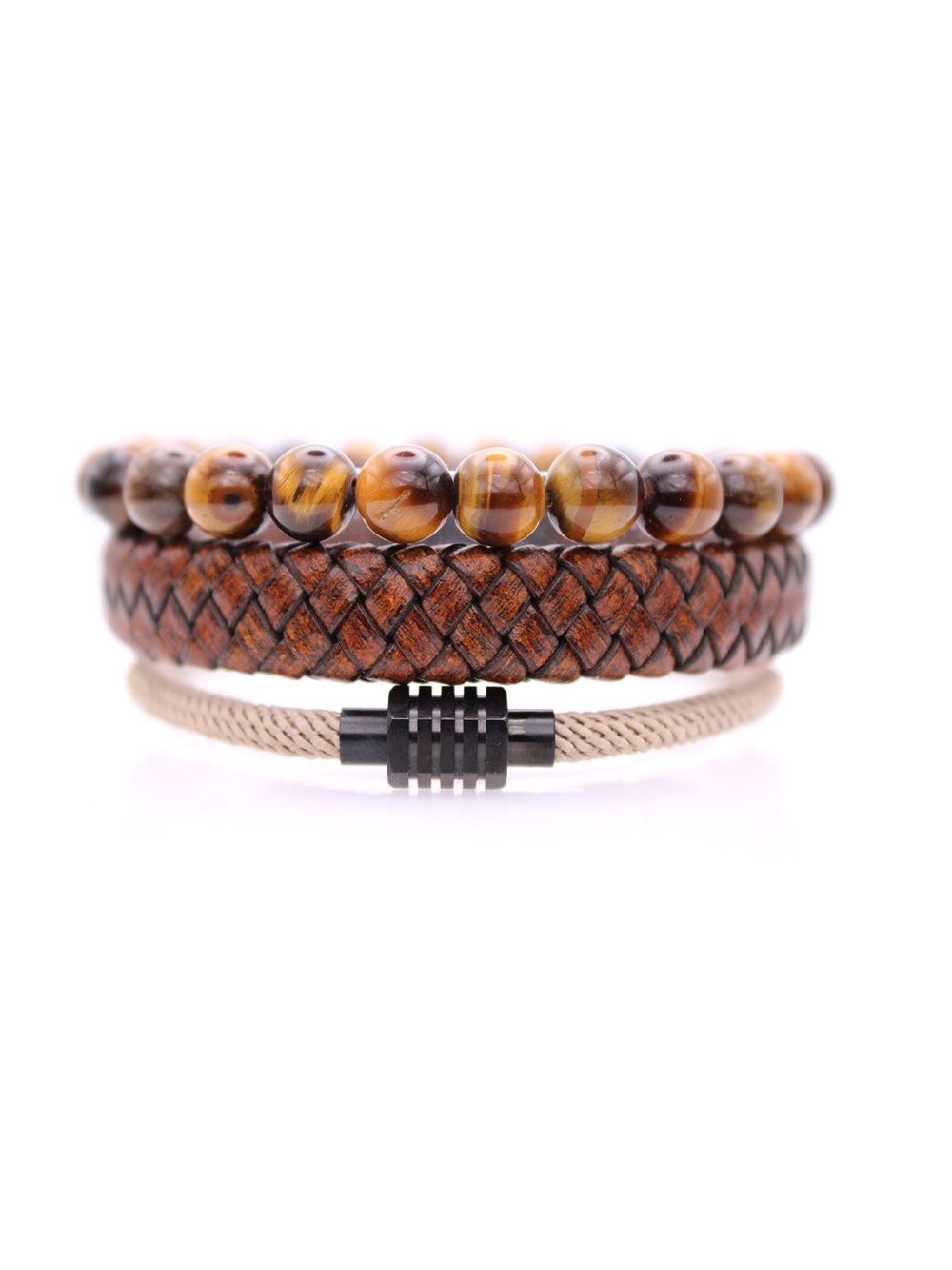 Men's Layered Brown Tiger Eye Bead & Braided Leather Bracelet Set